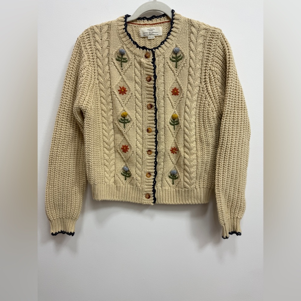 Trovata Birds of Paradise embroidered knit cardigan, size XS, EUC. - Picture 2 of 5